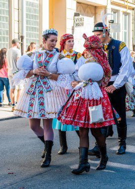 Uherske Hradiste, Çek Cumhuriyeti - 11 Eylül 2021 Uherske Hradiste 'de şarap festivali, şarap, halk dansları, gelenekler. Renkli kostümlü geleneksel halk dansçıları