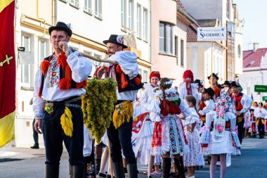 Uherske Hradiste, Çek Cumhuriyeti - 11 Eylül 2021 Uherske Hradiste 'de şarap festivali, şarap, halk dansları, gelenekler. Etnik Kostüm Katılımcılarıyla Geleneksel Halk Festivali Geçidi