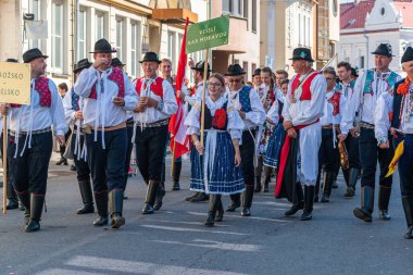 Uherske Hradiste, Çek Cumhuriyeti - 11 Eylül 2021 Uherske Hradiste 'de şarap festivali, şarap, halk dansları, gelenekler. Avrupa Kentinde Geleneksel Halk Yürüyüşü