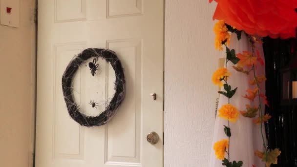 Spooky Decoration Halloween Dark Wreath Dry Branches Spiderwebs Hanging Door — Stock Video