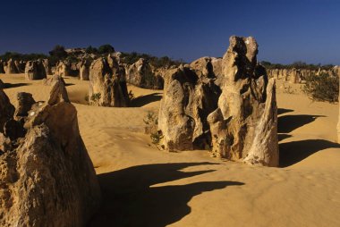 Pinnacles kireçtaşı oluşumları Nambung Milli Parkı içinde Cervantes, Batı Avustralya, yakınındaki vardır