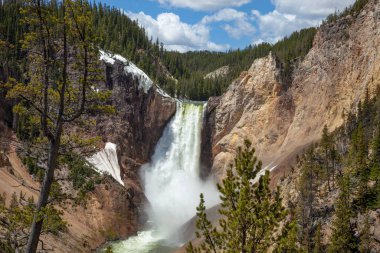 Yellowstone Ulusal Parkı 'ndaki Yellowstone Şelaleleri güneşli bir öğleden sonra