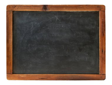 Blank retro chalkboard with scratched surface and wooden frame isolated on white background