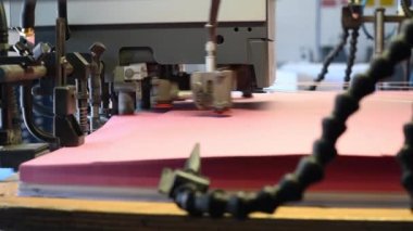 Modern profesyonel makinenin gerçek zamanlı olarak fabrikadaki baskı sürecinin başında pembe kağıtları toplaması