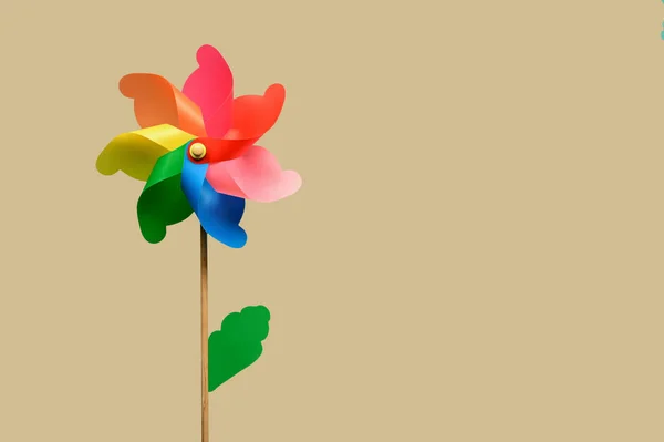 stock image Toy windmill with colorful petals green leaf and wooden stick against beige background