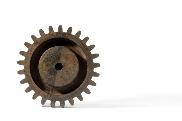 Simple Wooden Shaped Gear Wheel Hole Center Isolated White Background — Stock Photo, Image