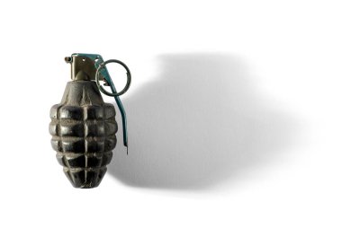 Top view of metal hand grenade with safety clip placed on white background clipart