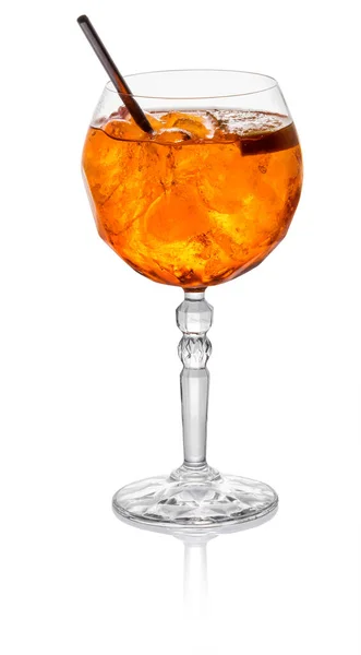 Orange Aperol Spritz Cocktail Mit Eiswürfeln Und Stroh Serviert Glas — Stockfoto