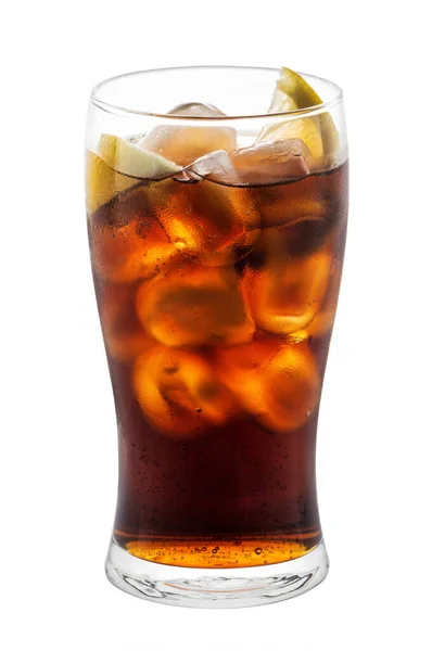 Bicchiere Grande Trasparente Riempito Con Cola Rinfrescante Fredda Con Cubetti — Foto Stock