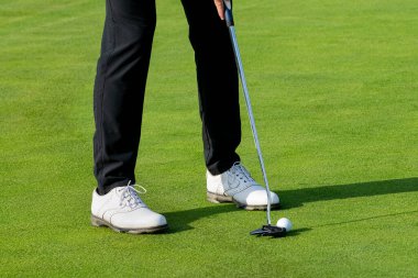 Golf sahasında güneşli bir günde golf topunu deliğe sokmaya odaklanan golfçü.