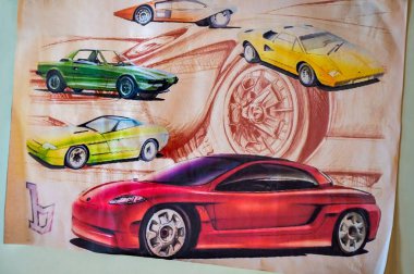 Somma Lombardo, Lombardy, İtalya - 15 Mayıs 2025: Renkli Bertone araba tasarımı ve çizimleri otomotiv tasarımında yaratıcı süreci vurguluyor