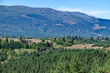 Bulgaristan 'ın Plana dağındaki Plana köyünün sonbahar çayırı, ormanı ve yerleşim bölgesiyle manzara