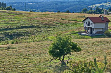 Scene with autumn meadow, forest and residential district of the Bulgarian village of Plana in the Plana mountain with the Rila mountain in the background, Bulgaria  