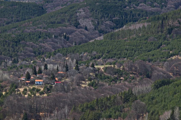 Prairie Printanière Forêt Quartier Résidentiel Village Bulgare Dans Les Montagnes — Photo