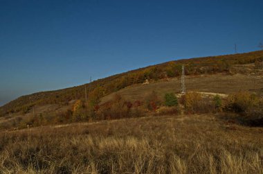 Güzel köy Zhrebichko, Bratsigovo belediyesi, Rodop dağları, Bulgaristan yakın yaprak döken ağaçlar ile glade, tepe, orman Amazing sonbahar görünümü 
