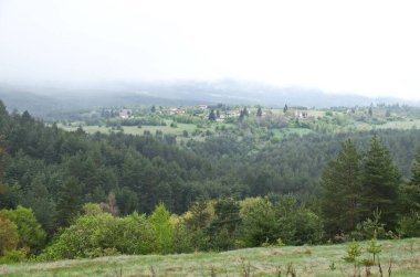 Bulgaristan 'ın Plana köyünün bahar çayırı, karayolu ve yerleşim bölgesi siste, Plana planina, Bulgaristan  