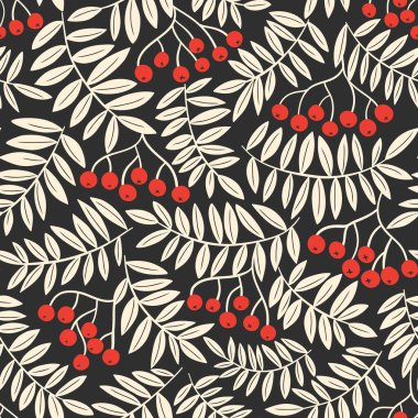 Noel Monokrom Linocut Rowan Ağaç Yaprağı ve Çilek Vektörü Kusursuz Desen. Kış Tatili Vahşi Doğası Grafik Yazdırma
