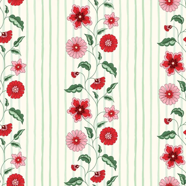 Indian Trailing Flowers Verticale Strepen Vector Naadloos Patroon Cottagecore Chintz — Stockvector