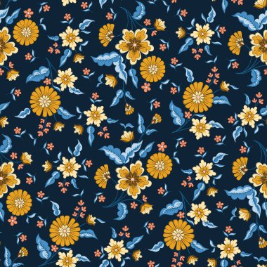 Hint Çiçekleri Vektörü Kusursuz Desen. Cottagecore Chintz Çiçeği Karanlık Arkaplanda. Hassas Yaz Boho Yazdırma