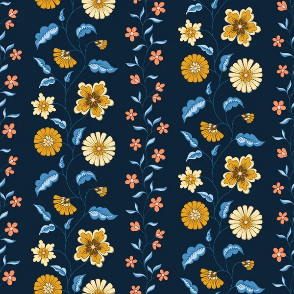 印度无缝线花序模式 黑暗背景下的山楂花冠 精美的夏季Boho印刷品 — 图库矢量图片