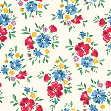 Neşeli ve Parlak Chintz Romantik Çayır Yaban Çiçekleri Vektör Kusursuz Düzen. Cottagecore Bahçesi Çiçekleri ve Yaprakları. Homestead Buketi. Çiftlik Evi Arkaplanı