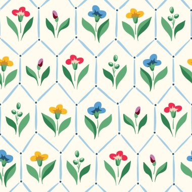 Parlak Chintz Romantik Çayır Çiçekleri ve Geometrik Döşeme Vektör Örnekleri. Cottagecore Bahçesi Çiçekleri ve Yaprakları. Homestead Buketi. Çiftlik evi arka planı. Serada çiçekler