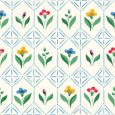 Parlak Chintz Romantik Çayır Çiçekleri ve Geometrik Döşeme Vektör Örnekleri. Cottagecore Bahçesi Çiçekleri ve Yaprakları. Homestead Buketi. Çiftlik evi arka planı. Serada çiçekler