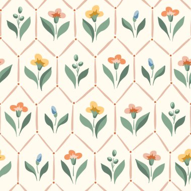 Narin Chintz romantik çayır çiçekleri ve Geometrik Döşeme Vektör Örnekleri. Cottagecore Bahçesi Çiçekleri ve Yaprakları. Homestead Buketi. Çiftlik evi arka planı. Serada çiçekler