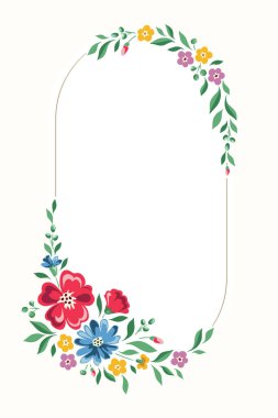 Renkli Chintz romantik çayır kır çiçekleri vektör dikey oval çerçeve. Cottagecore Garden Çiçekleri ve Yeşillik Düğün Davetiyesi. Homestead Buketi. Çiftlik Evi Arkaplanı