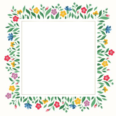 Parlak Chintz romantik çayır kır çiçekleri taşıyıcı kare çerçevesi. Cottagecore Garden Çiçekleri ve Yeşillik Düğün Davetiyesi. Homestead Buketi. Çiftlik Evi Arkaplanı