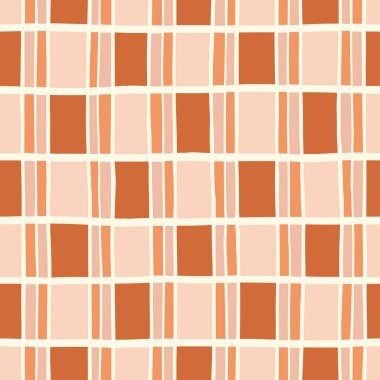 Elle çizilmiş Earthy Orange ve Kahverengi Geometrik Kontroller Vektörsüz Desen. Modern Retro Palyful Yazıcı. Organik Kare Şekiller