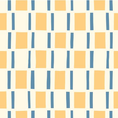 Elle çizilmiş Mavi ve Sarı Geometrik Kontroller Vektörsüz Desen. Modern Retro Palyful Yazıcı. Organik Kare Şekiller