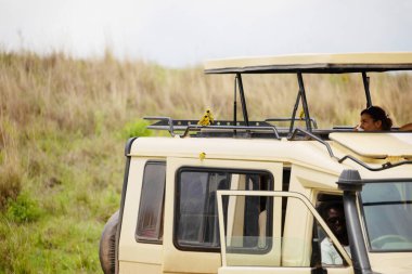 a girl drinks coffee in a safari jeep in africa and looks at the birds that are very close