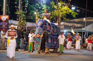 Colombo,Sri Lanka. 06 Şubat 2023. Ulusal kostümlü sanatçılar, tüylü filler ve dindar insanların Colombo 'daki görkemli bir geçit töreni.