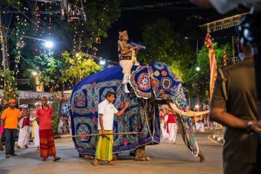 Colombo,Sri Lanka. 06 Şubat 2023. Ulusal kostümlü sanatçılar, tüylü filler ve dindar insanların Colombo 'daki görkemli bir geçit töreni.