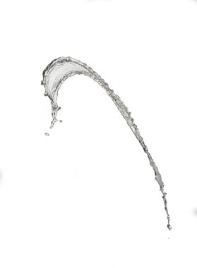 Beyaz zemin üzerinde izole edilmiş damlalarla şeffaf berrak su sıçraması