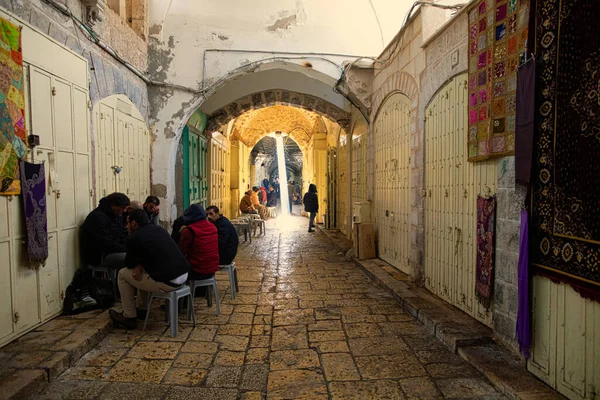 Jeruzalem Israël Januari 2019 Smalle Straatjes Het Moslimwinkelgebied Kleine Winkeltjes — Stockfoto