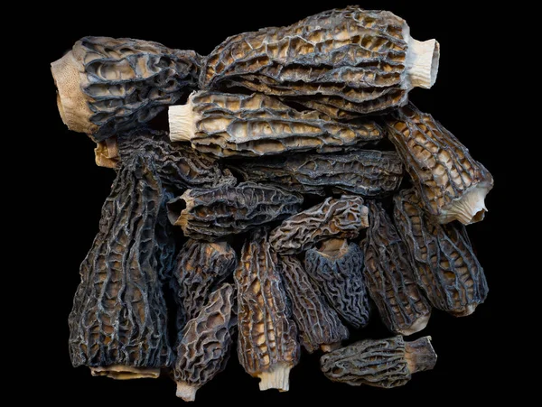 Kurumuş mantarlar bir demet siyah arka planda yatıyor.