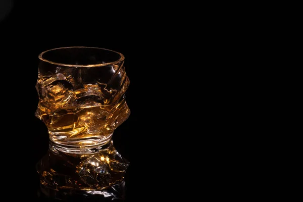 Very Beautiful Faceted Tumbler Whiskey Ice Black Background Close Place — Stock Photo, Image