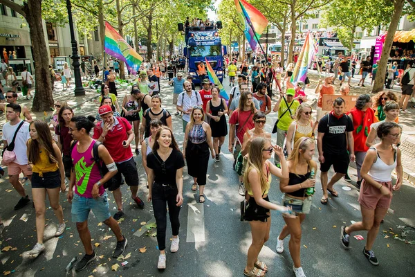 stock image Berlin, Germany, 27 july, 2019. Bright 41th Berlin Pride street festival. Smartly dressed people with posters, calls for freedom and tolerance