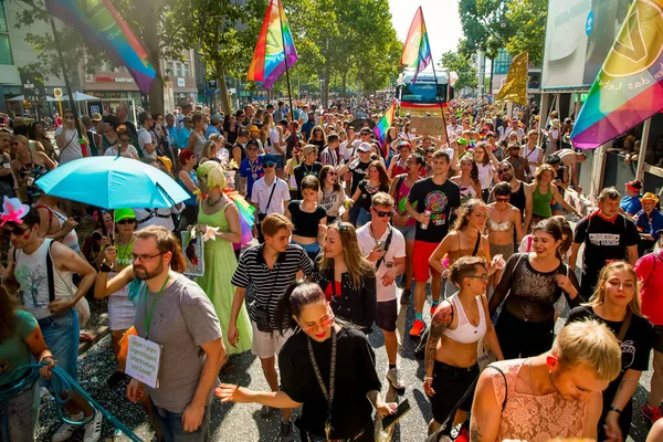 stock image Berlin, Germany, 27 july, 2019. Bright 41th Berlin Pride street festival. Smartly dressed people with posters, calls for freedom and tolerance,carnival, happyness