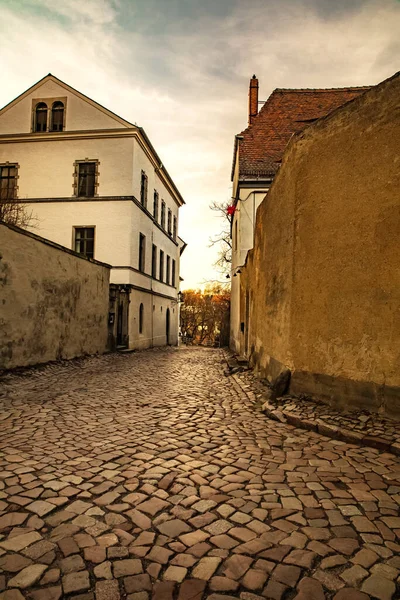 ドイツのザクセン州マイセン 2019 Meissenの町の居心地の良い通り 古代の家 石畳の舗装タイル張りの屋根秋の曇りの天気 — ストック写真