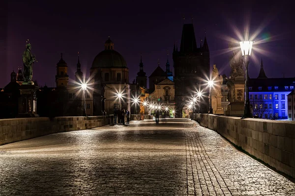 stock image Prague, Czech republic, 5 april, 2019 . beautiful view on the Charles Bridge at the night , no people