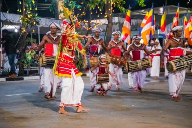 Colombo, Sri Lanka. 06 febfuary 2023. large carnival festive procession with elephants and dancers in bright national costumes through the streets of Colombo