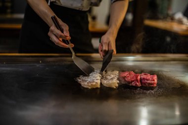Teppanyaki, geleneksel bir Japon restoranında Japon Teppan Şovu. Aşçının elleri. Japon aşçı sıcak masada et, balık, pirinç ve sebze hazırlar.