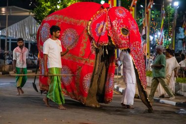 Colombo, Sri Lanka. 06 febfuary 2023. large carnival festive procession with elephants and dancers in bright national costumes through the streets of Colombo
