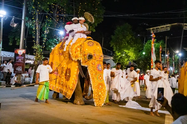 スリランカのコロンボ 2月20日コロンボの通りを通って明るい民族衣装の象やダンサーと大規模なカーニバルのお祝い行列 — ストック写真