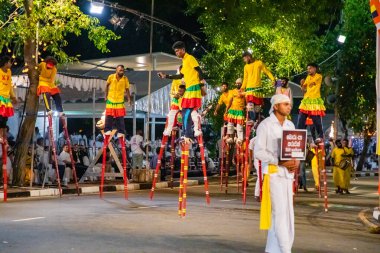 Colombo, Sri Lanka. 06 febfuary 2023. large carnival festive procession with elephants and dancers in bright national costumes through the streets of Colombo