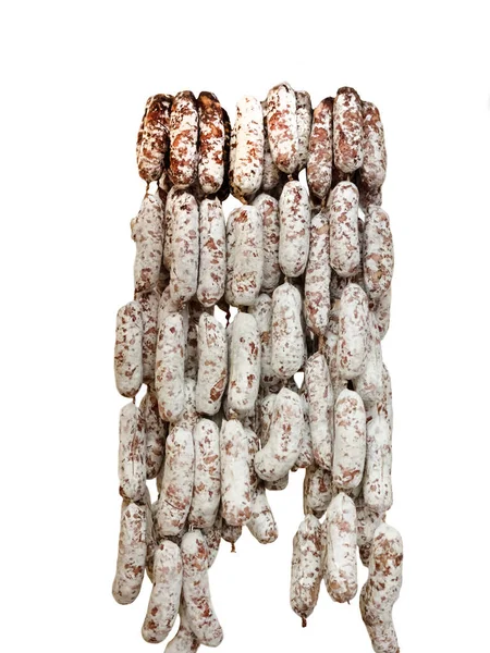 Ένας Μεγάλος Σωρός Από Ραβδιά Σαλαμιού Απομονωμένα Στο Λευκό Παραδοσιακό — Φωτογραφία Αρχείου