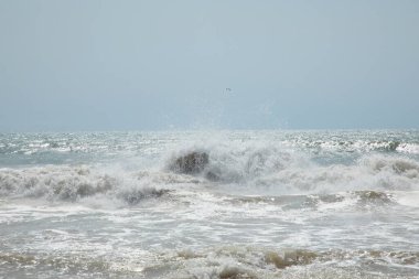 Atlantik Okyanusu Sahili 'nin dalgalı arka planında Tatil Denizi konsepti. Algarve Portekiz